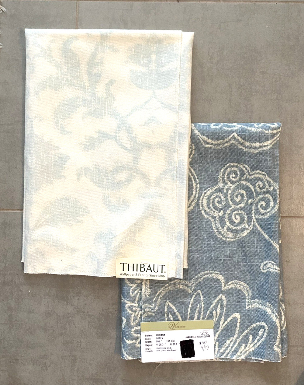 Thibaut Anita Damask Aqua Vervain Luciana Copen Linen Blend Samples 25"x25"